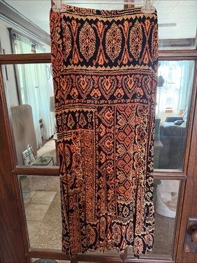 Mirasol Women Orange Black Damask Paisley Patchwork Maxi Skirt L USA Gypsy 90's